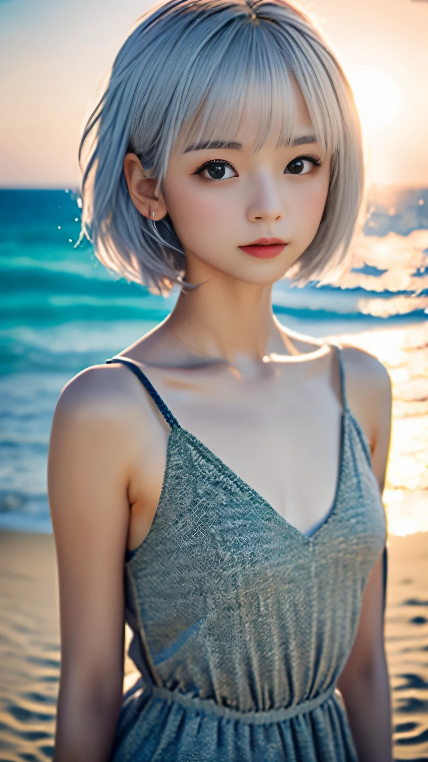 one girl、cute face、ash gray hair、bobbed hair、short hair、Camera gaze、small breasts、An ennui look、camisole、dress、particles of light、Sunset Sea、calm sea、white sand beach、Very beautiful sunset、RAW photo、highest quality、High resolution、high resolution、master piece:1.3、８ｋ、１２ｋ、professional photographer、