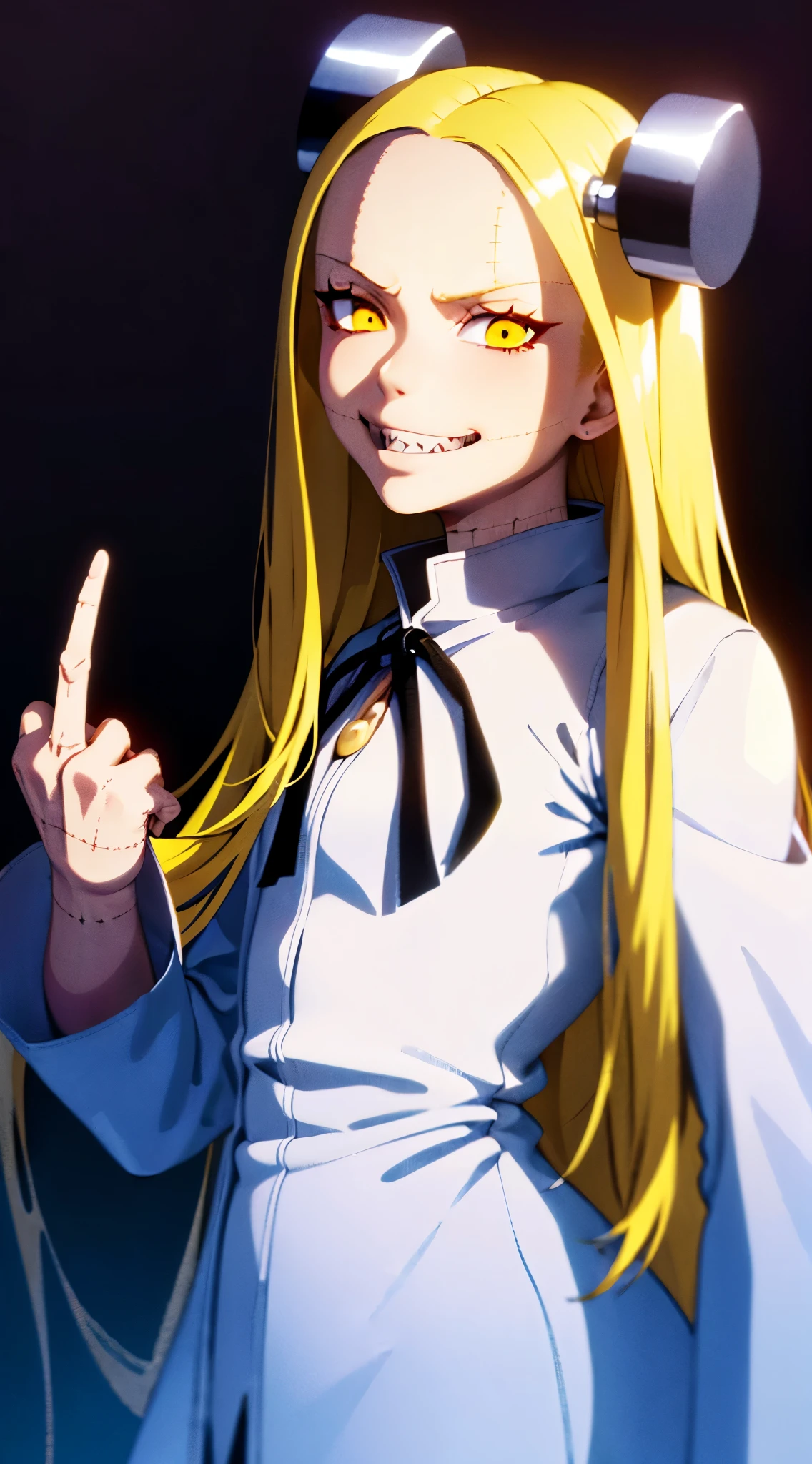 Fran,young woman,white robe ,,((shows middle fingers )),angry, long hair , yellow hair,seams , Scars on the body , (A creepy look) , scary eyes,sharp teeth ,(((creepy smile))) ,