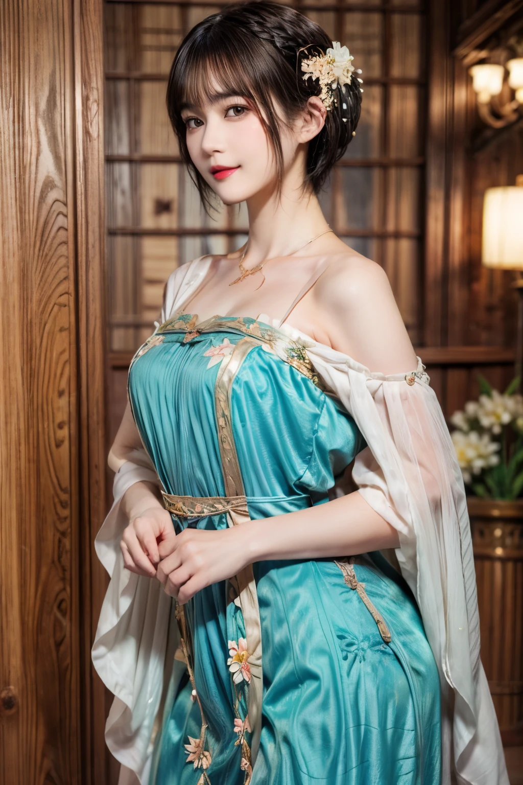148
(20 year old woman,Floral costume), (surreal), (High resolution), ((beautiful hairstyle 46)), ((short hair:1.46)), (gentle smile), (breasted:1.1), (lipstick)
