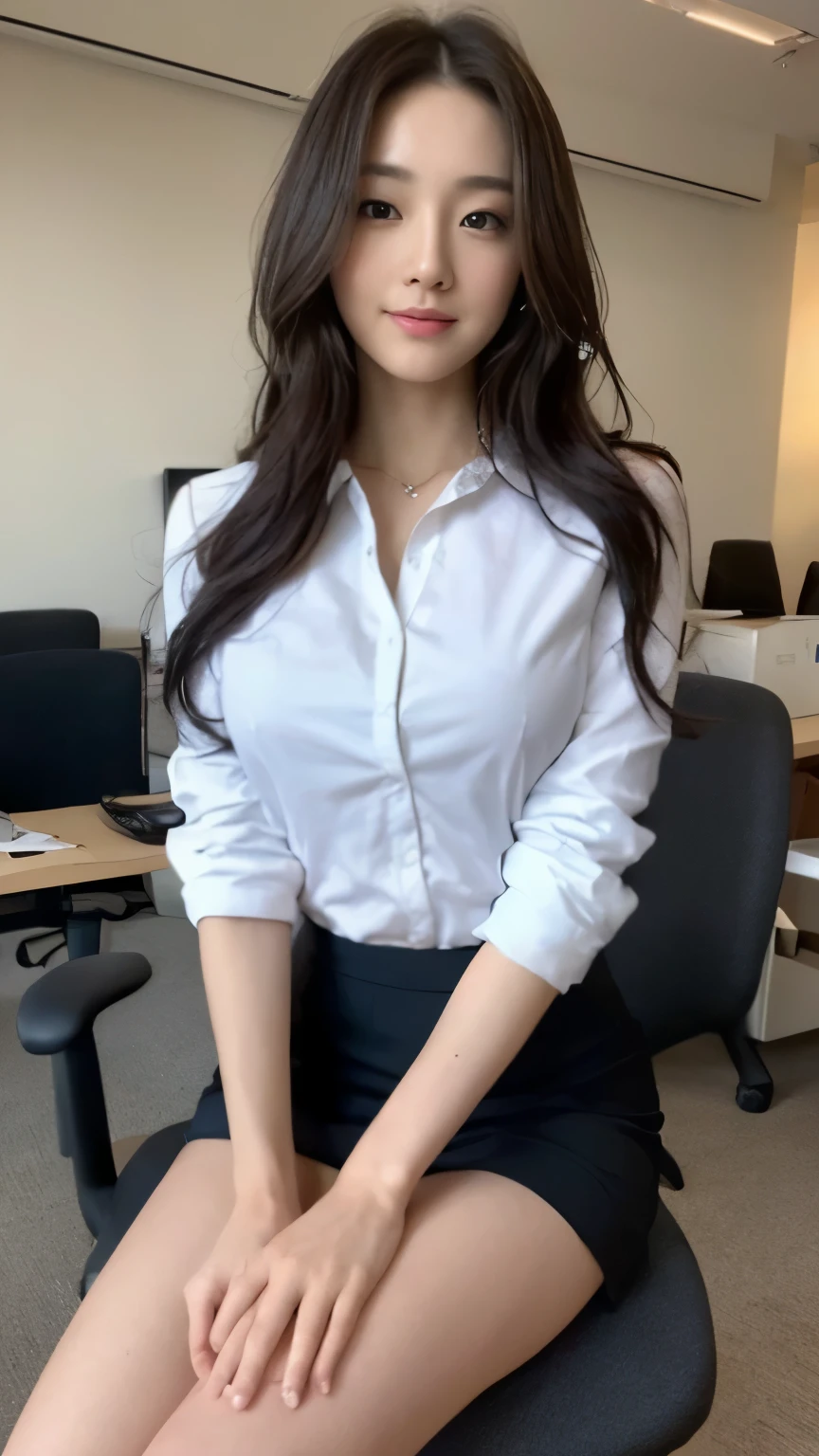 ((top-quality、8k、​masterpiece:1.3))、Beautiful woman with perfect body:1.4、slim abdomen:1.2、Longhair, normal breast, Highly detailed facial and skin texture, A detailed eye, (smile), (full body shot), ((office background)), (sitting on chair), (((wearing office uniform)), looking in front