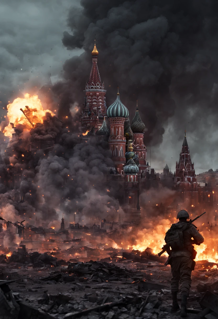 War scene, fully ruined Kremlin at night, red square, Ukraininan flag, Ukraininan army winning, ruined Moscow, war movie scene, ruins of Moscow, ruins burning at night, ruined city, war, smoke, night, everything is ruined and burning, war movie scene, 24K movie quality,cinematic compositions,fine textures,the sunset,red square Moscow, tanks, military, soldiers, shooting, fire, explosions, night view, end of world, post apocalyptic
