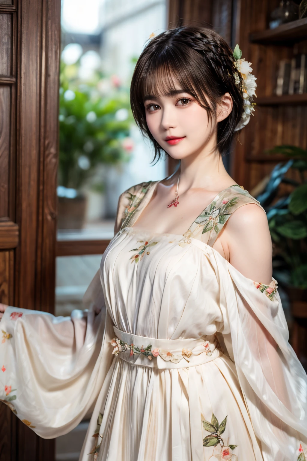 148
(20 year old woman,Floral costume), (surreal), (High resolution), ((beautiful hairstyle 46)), ((short hair:1.46)), (gentle smile), (breasted:1.1), (lipstick)
