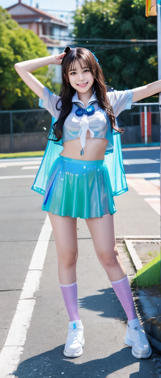 High school idol covered in slime、Full body Esbian、Colorful uniform covered in slime、is emitting light、
