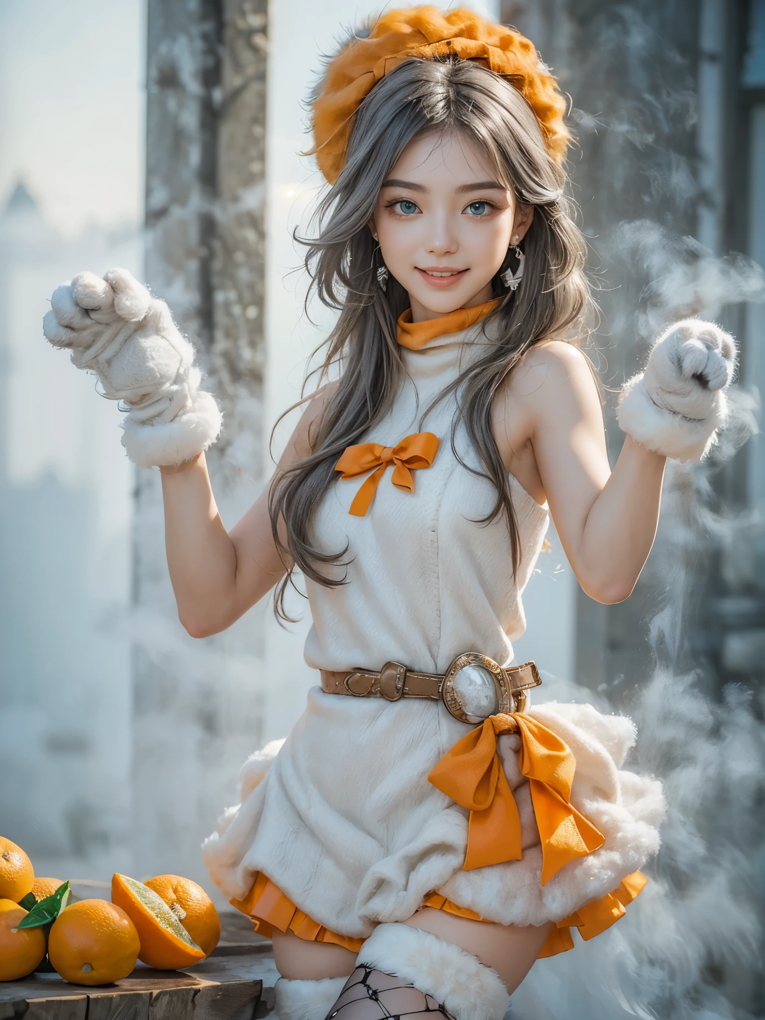 (cute:1.6),(gorgeous, elegant, luxury:1.4), (beautiful still life painting art:1.4), ultra detailed, beautiful, masterpiece, best quality, 
_
BREAK (1girl:1.2), 22 years old, 160 cm, Japanese cute model, Tightened all body, medium Breasts, small head, small face, diamond Face, small nose, Sharp Faceline, Detailed face, Detailed eyes, young hands and fingers, beautiful hands and fingers, five fingers, 
_
BREAK (happy, smile, Glossy Lips:1.5), (Light color lips, Half open mouth, beautiful Teeth:1.2), (dropy eyes, Double eyelid, light color eyes, Shiny eyes:1.5), Shiny skin, 
_
BREAK (arranged hairstyle:1.6), (gray hair:1.2), shiny hair,
_
BREAK (White theme:1.3), (blurry background, mist, fog:1.7),
_
BREAK (cowboy shot:1.5),(random pose:1.4),
BREAK (Black and white theme:1.2), (cute fur and Wool design, elegant, luxury:1.6), (turtleneck and sleeveless dress:1.4), (a lot of orange fur accents:1.4), (fake cat ears:1.2), (Paw gloves:1.6), BREAK (highly saturated (orange, tangerine) and green theme:1.4), (tone on tone:1.3), (wearing tangerine [[crochet]] hat:1.4), (green ribbon:1.4), (sleeveless (orange:1.1) and (white:0.7) [polka dot pattern] sundress:1.4), (bare shoulders:1.3), (suspenders with ruffles:1.2), (green belt with ribbon:1.3), (orange tiered skirt with ruffles:1.3), (platform HIGH boots:1.1), (green ribbon on head:1.3), BREAK (fishnet stockings:1.3), (earrings shape of mandarin oranges:1.2),