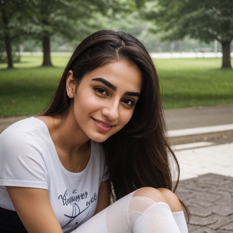 Imagine a girl , fatemeh, 25 years and 7 months and 21 days old/ mixture of Phoenician, Greek, Armenian, and Arab/almond eyes, brown eyes, blonde hair,thick hair, ponytail/ bow-shaped lips, uptruned Nose, square jawline, narrow forehead, Protruding chin, high-arch eyebrows, black eyebrows , thick eyebrows/168 centimeters height, 61 kilograms weight,tanned body,long legs/ small mole on left eyebrow، small mole on the corner of the lower left lip, straight wavy hair،A small amount of acne on the cheek، Cheek dimple, chin dimple/ smiling/ IMPORTANT PROMPT : low angle long distance full body socks in view ,she wears white sock, wet panties , low light , park, chairs, trees, rainy day, mountain, winter