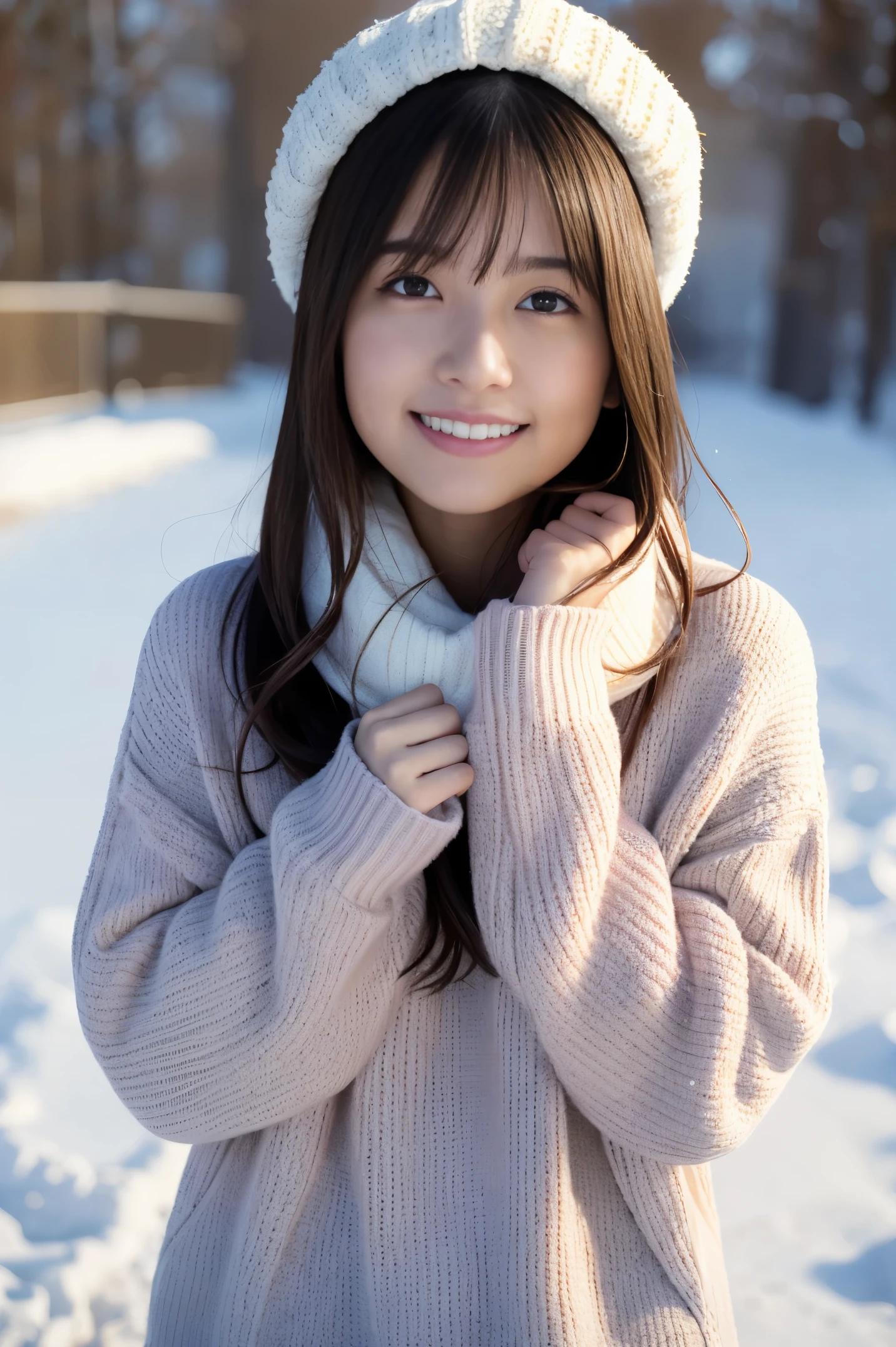 (8K), (highest quality: 1.2), (realistic), (realistic: 1.37), ultra high resolution, 1 girl, cute, smile, closed mouth, beautiful details, beautiful nose, whole body, wet hair, giant dulcefo, pork meat, thighs、winter coordination、winter sweater、Fluffy muffler、セクシーなsmile
