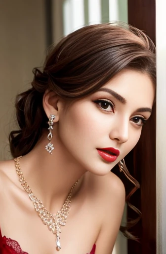 Lebanese woman, diamond dangling earrings, necklace, bracelets, small breasts, 40 years old, smokey eyes, nipples, red lips, innocent face, lace camisole, stylish hairstyle, posing, modeling, radiant skin, oily skin