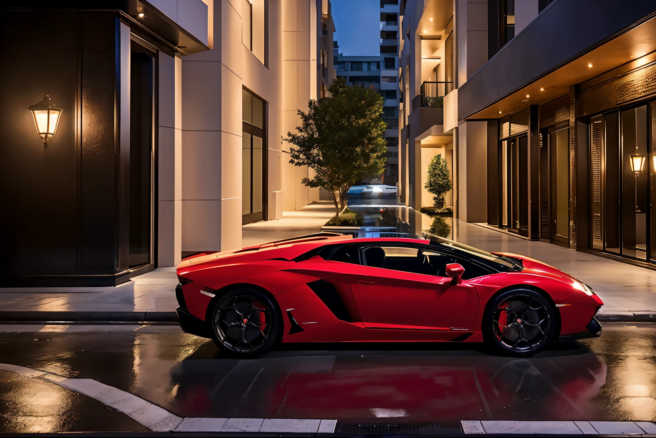 red lamborghini aventador　　precision and high quality　Very realistic three-dimensional feel　beautiful background　Street parking in front of the marble entrance of a super luxury resort condominium.　very beautiful lighting　beautiful street　very stylish apartment　(shot from the side:1.3) very beautiful night light　After the rain　very wet ground　