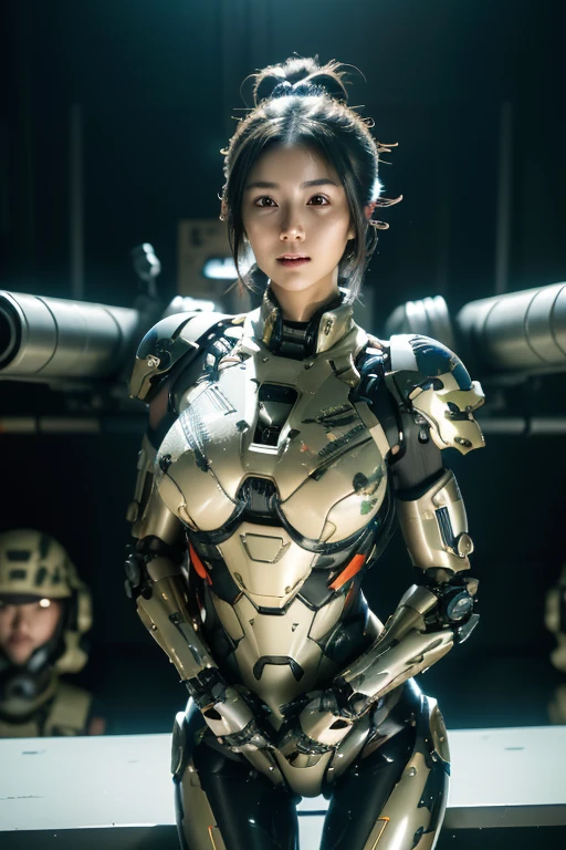 extremely detailed CG unity 32K wallpaper, top quality, masterpiece, raw photo, photorealistic, highest resolution, professional photo, dynamic, cinematic lighting, (cyberpunk:1.4), science fiction, sharp focus, depth of field, (perfect body, correct anatomy:1.5), intricately detailed face, expressive face, POV, (from front:1.3), 1 girl, Japanese woman, ((female soldier:1.3)), mecha-musume, ((solo:1.2)), cowboy shot, black hair, (SINGLE hair bun:1.2), short hair, ultra-realistic skin, detailed skin, tan, (dark and narrow eyes:1.4), highly detailed nose and lips, (baby face:1.1), ((camouflaged, combat uniform:1.3)), slender, beautiful breast, petit, (perfect body proportion:1.3), (correct body proportion:1.5), ((powered suit, mechanical body armor, highly weaponized body:1.5)), (((in combat with hostile army:1.2))), (((a pair of huge guns is mounted on the girl’s both shoulders:1.5))), (((outdoor, battlefield, rainforest of Africa, noon:1.3)))
