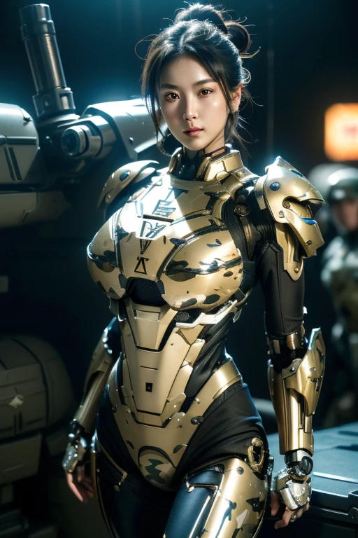 extremely detailed CG unity 32K wallpaper, top quality, masterpiece, raw photo, photorealistic, highest resolution, professional photo, dynamic, cinematic lighting, (cyberpunk:1.4), science fiction, sharp focus, depth of field, (perfect body, correct anatomy:1.5), intricately detailed face, expressive face, POV, (from front:1.3), 1 girl, Japanese woman, ((female soldier:1.3)), mecha-musume, ((solo:1.2)), cowboy shot, black hair, (SINGLE hair bun:1.2), short hair, ultra-realistic skin, detailed skin, tan, (dark and narrow eyes:1.4), highly detailed nose and lips, (baby face:1.1), ((camouflaged, combat uniform:1.3)), slender, beautiful breast, petit, (perfect body proportion:1.3), (correct body proportion:1.5), ((powered suit, mechanical body armor, highly weaponized body:1.5)), (((in combat with hostile army:1.2))), (((a pair of huge guns is mounted on the girl’s both shoulders:1.5))), (((outdoor, battlefield, rainforest of Africa, noon:1.3)))