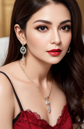 Lebanese woman, diamond dangling earrings, necklace, bracelets, small breasts, 40 years old, smokey eyes, red lips, innocent face, lace camisole, stylish hairstyle, posing, modeling, radiant skin, oily skin