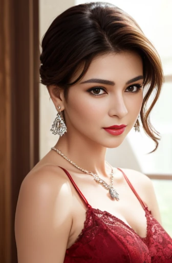 Lebanese woman, diamond dangling earrings, necklace, bracelets, small breasts, 40 years old, smokey eyes, red lips, innocent face, lace camisole, stylish hairstyle, posing, modeling, radiant skin, oily skin