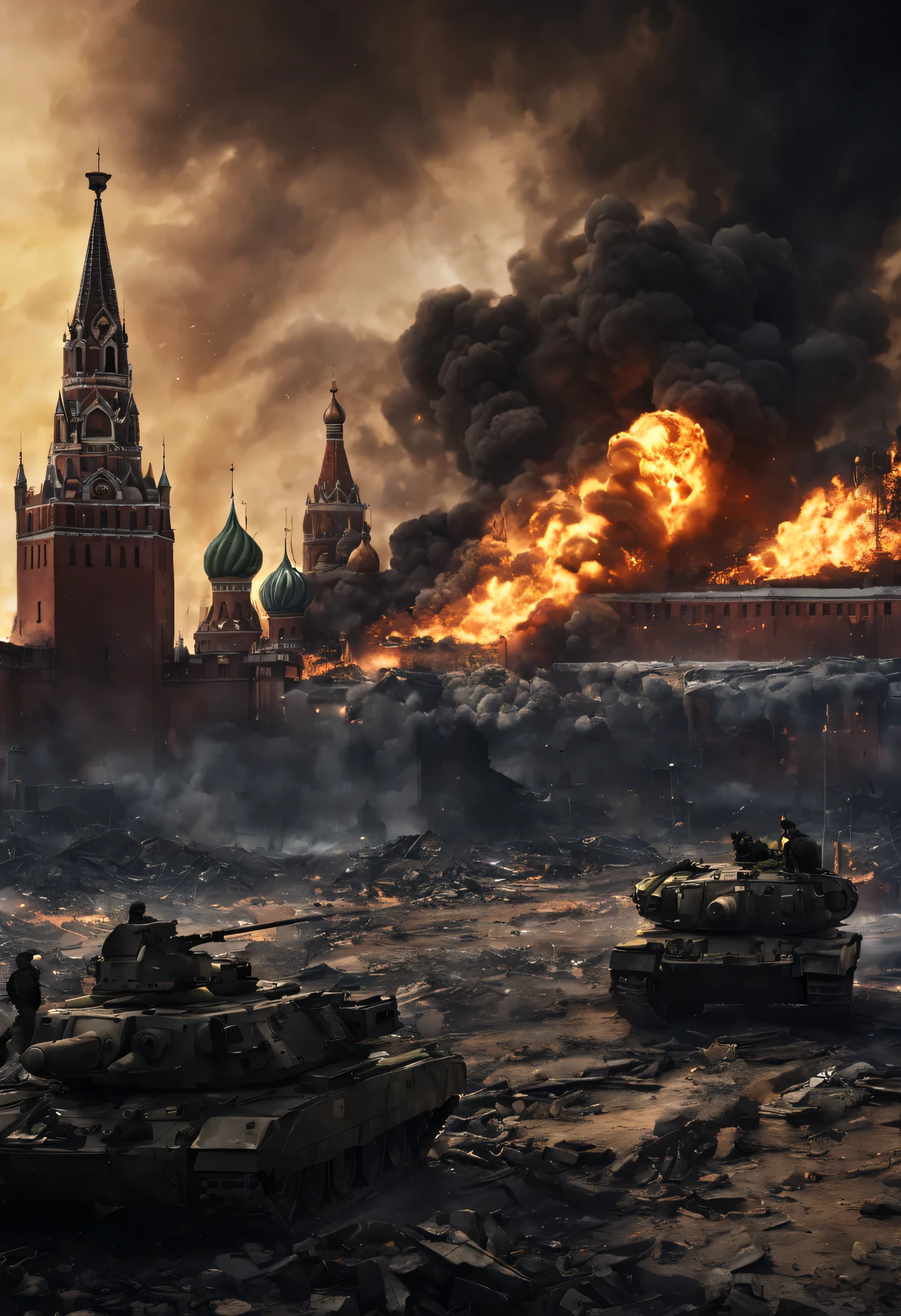 War scene, fully ruined Kremlin at night, red square, Ukraininan flag, Ukraininan army winning, ruined Moscow, war movie scene, ruins of Moscow, ruins burning at night, ruined city, war, smoke, night, everything is ruined and burning, war movie scene, 24K movie quality,cinematic compositions,fine textures,the sunset,red square Moscow, tanks, military, soldiers, shooting, fire, explosions, night view, end of world, post apocalyptic