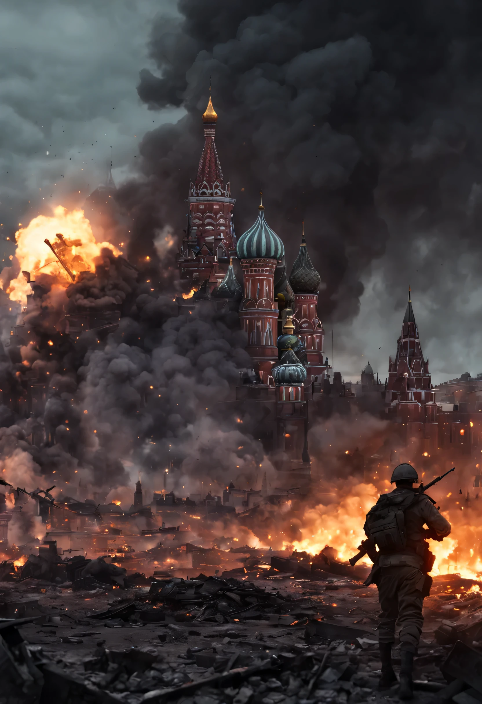 War scene, fully ruined Kremlin at night, red square, Ukraininan flag, Ukraininan army winning, ruined Moscow, war movie scene, ruins of Moscow, ruins burning at night, ruined city, war, smoke, night, everything is ruined and burning, war movie scene, 24K movie quality,cinematic compositions,fine textures,the sunset,red square Moscow, tanks, military, soldiers, shooting, fire, explosions, night view, end of world, post apocalyptic