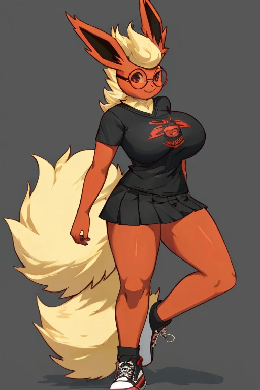 ((Flareon)), anthropomorphic, big boobs, big ass, pokemorph, (((1girl))), (((black t-shirt))), (red knee length skirt), (black sneakers), sexy, slender, red skin, (round glasses), long legs, smiling