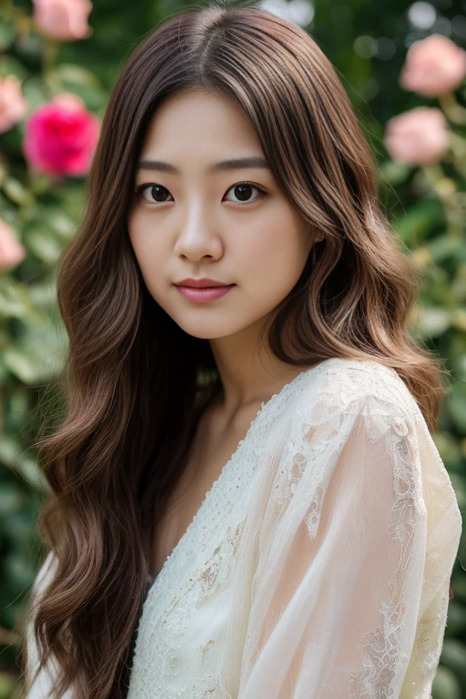 (Imada Mio:1.4), (Kim Jisoo:0.5), (Image, portrait), Photos of young Japanese women named Haruka Xuan Anh, 29 years old, ((young Japanese actress, Round face, japanese beauty)), nature face, cute face, ((double eyelids, long eyelashs)), brown hair, brown eyes, attractive lips, stunningly beautiful woman, posing like a professional model, feminine form, cleavage, stunningly gorgeous, smile, happy, cheerful, film photography, extreme detail, 4k, ultra hd, hyperrealism, trending on artstation, polished, photorealistic, backlight, hair light, 8k ultra hd., Passionately , Perfect body , ((Full body clothed view)), Tall , Skinny legs, Thigh big gap , Babe , Long legs , Beautifull, Doll facial features , Pale skin , Soft redish skin, long neck, Perfect round lips , Ultra detailed eyes, (Amazing facial features), Looking forward, True - Life , aesthetic studio room , Reflector light , Masterpiece, Realistic, Textured skin , Highest-quality , High Detailed photo , 8k, Canon EF 50mm f/1.8 STM, High detail RAW color art, animation, realistic, (((ultradetaled elegant, beautiful face))), white skin, (nature makeup), wearing black and white latex, fairytale atmosphere, ((long brown soft waves hair)), (focus on face), (((pink rose garden and background))), (detailed skin, skin texture), (intricately detailed, fine details, hyperdetailed), raytracing, subsurface scattering, diffused soft lighting, shallow depth of field, photographed on a Canon EOS R5, 28mm lens, F/2.8, sharp focus bokeh
