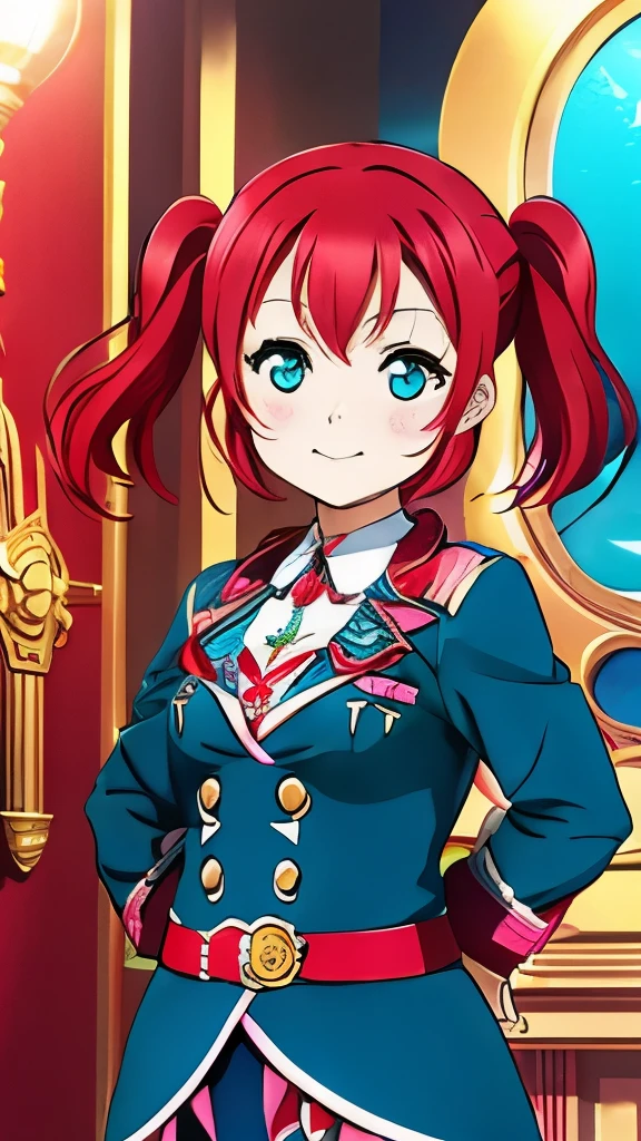 Ruby kurosawa, aqua eyes, medium hair, red hair, two side up, twintails, She puts her hand behind her back