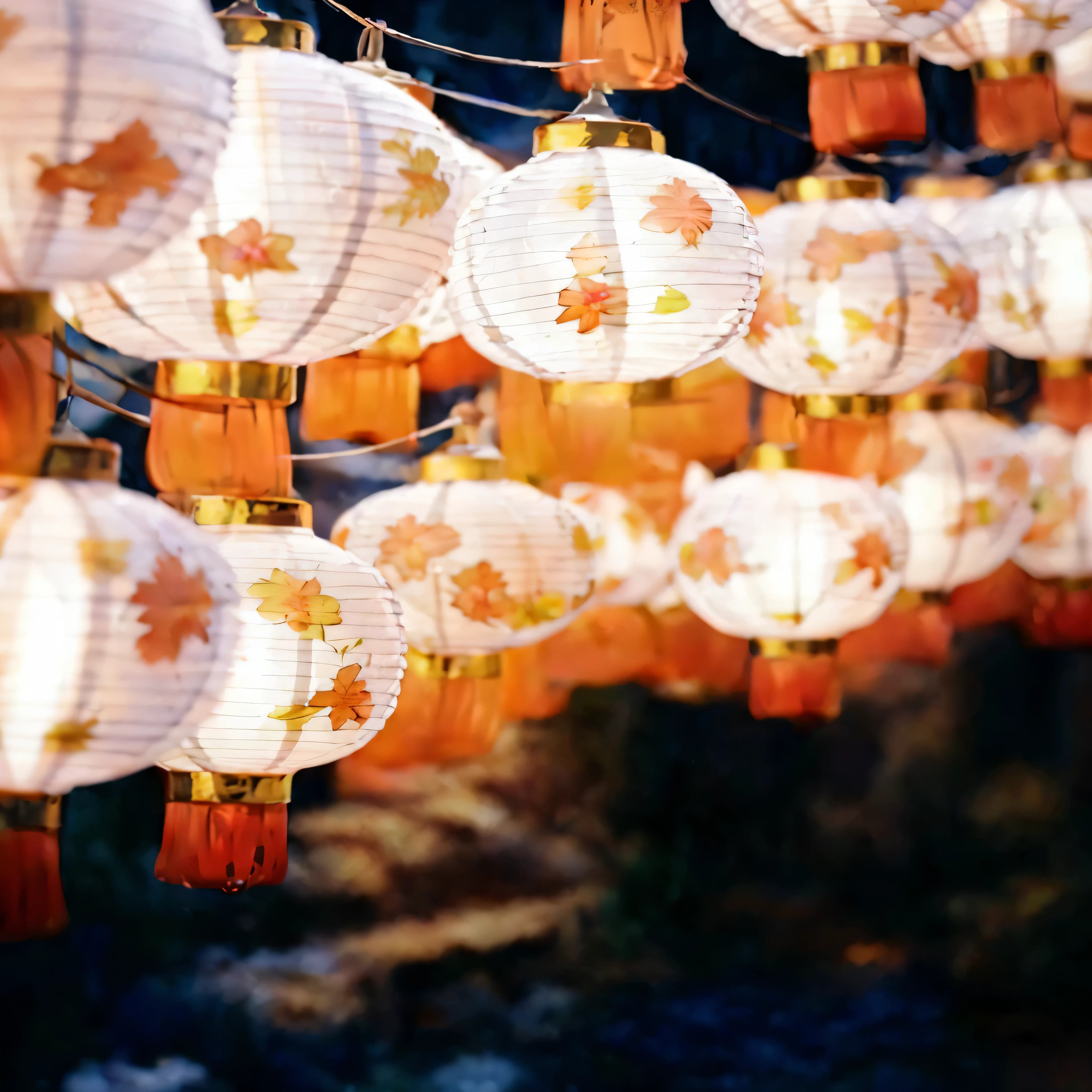 there are many white and orange lantern hanging from a string, lantern, street lantern are shining, chinese lantern, street lantern glow, glowing lantern, evening lantern, warm lantern灯ing, glowing paper lantern, yellow lantern, hanging lantern, street lantern, with paper lantern, colorful lantern, lantern灯, colorful paper lantern, lantern灯 besides, Beautiful lit lamp