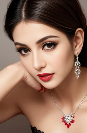 Lebanese woman, diamond dangling earrings, necklace, bracelets, small breasts, 40 years old, smokey eyes, red lips, innocent face, lace camisole, stylish hairstyle, posing, modeling, radiant skin, oily skin