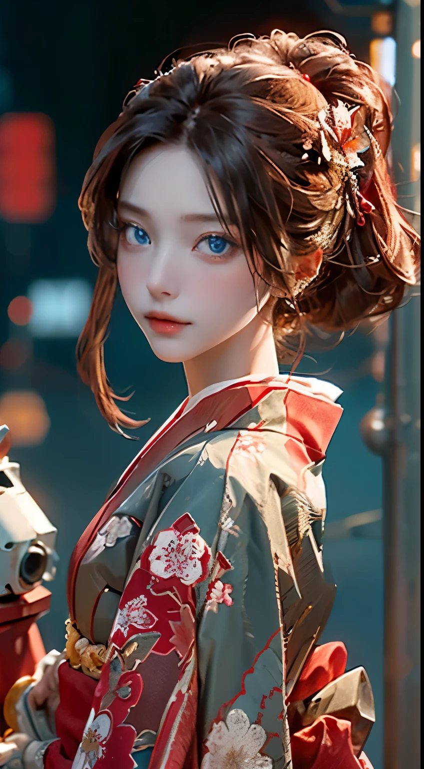 a beautiful robot with a mechanical body, mechanical hand, Blue Eyes, long, light brown hair flows., Wearing a red kimono, Decorate the body with various metal flowers, look at camera, in the cyber world of the future back ground, Humanity cyberpunk style, Realistic, Elegant, high-detail, Exquisite, red gold tone