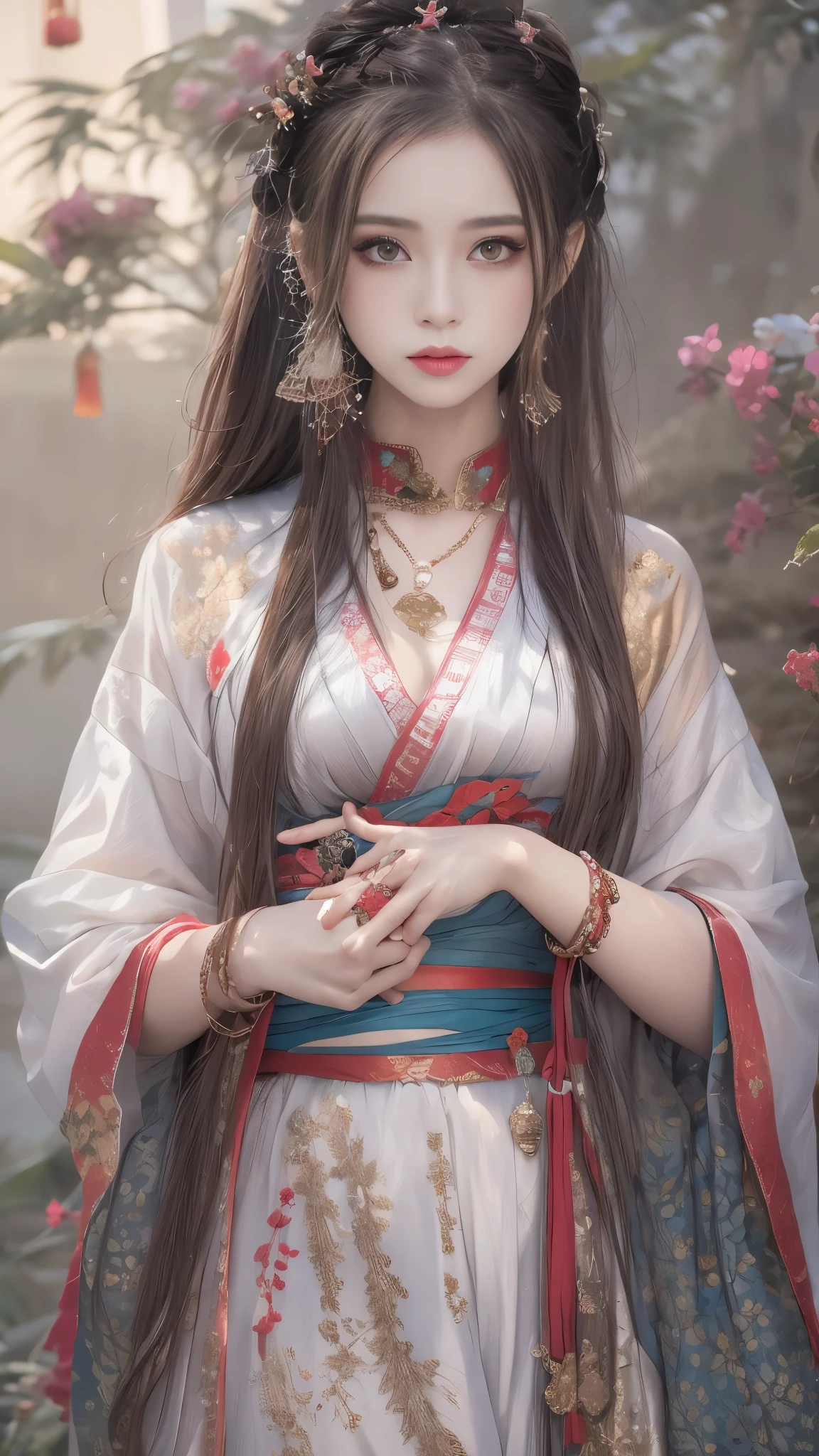 realistic, High resolution, 1 female, hip up, beautiful eyes, long hair, ring-shaped eyes, jewelry, tattoo, Hanfu, chinese fairy, Taoist uniform、cleavage