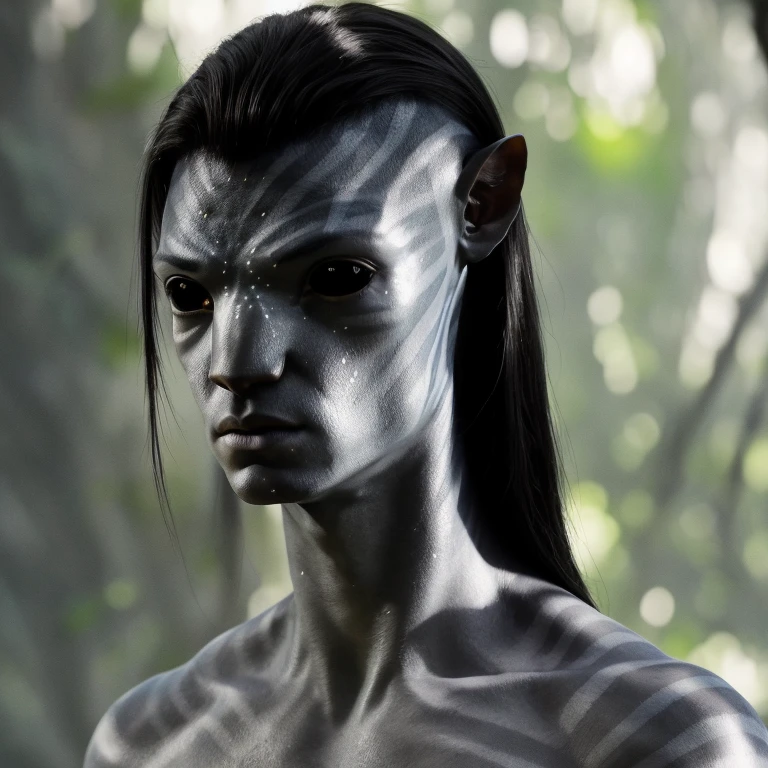 avtr:0.9, avatar style, portrait photo:1.6, man, male, (asian, indonesian, thai), gray skin color:1.0, (gray skin tone:1.3), mohawk hairstyle, (long hair:1.0), black hair color, adult, (35 years old:1), wearing tribal clothing, wearing a loincloth, detailed eyes, toned body, muscled body, glowing, ethereal atmosphere, natural lighting, textured skin, otherworldly beauty, mesmerizing photography, (best quality, highres), vivid colors, ultrarealistic, skin details, striped skin, sfw, face close-up, (eyebrowless:1.0), ultradetailed body