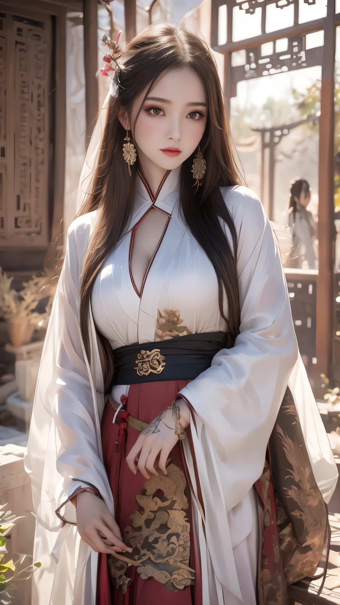 realistic, High resolution, 1 female, hip up, beautiful eyes, long hair, ring-shaped eyes, jewelry, tattoo, Hanfu, chinese fairy, Taoist uniform、cleavage