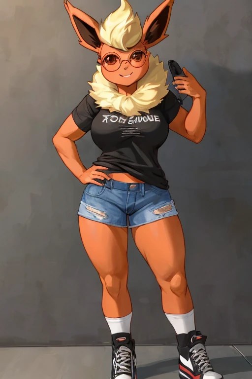 ((Flareon)), anthropomorphic, big boobs, big ass, pokemorph, (((1girl))), (((black t-shirt))), (denim short shorts), (black sneakers), sexy, slender, red skin, (round glasses), long legs, smiling
