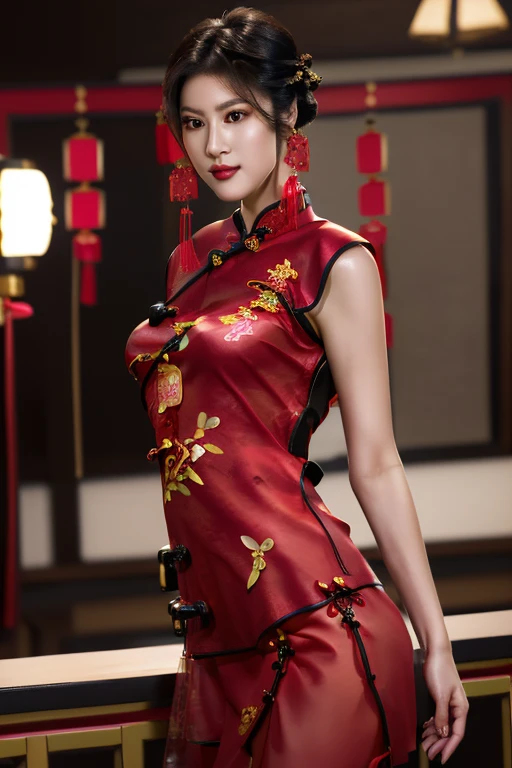 Height 210cm Chinese Shandong beauty model, Fit body:1.35,Elongated face:1.45,,A red cheongsam that combines cyberpunk style with Chinese style:1.3,Standing,Black above the knee:1.2,Chinese Hairstyle:1.2,Perfect iris,Firm breasts,,real picture,16k resolution,best quality,