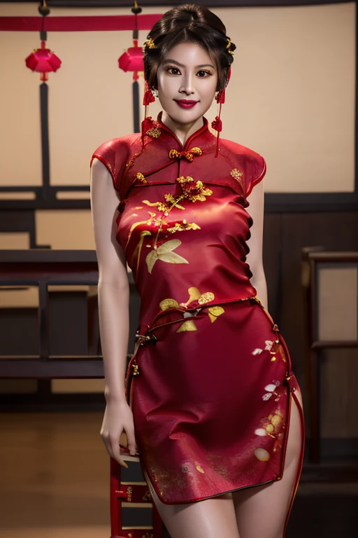 best quality, masterpiece, 16K, (raw photography, extremely detailed, ultra-high resolution, professional photo:1.2), hyper-realistic, professional lighting, (extremely detailed face, ultra-realistic skin texture:1.4), sharp focus, depth of field, (perfect body, correct anatomy:1.5), POV, (from front:1.3), 1 girl, ((professional cosplayer:1.3)), solo, , (cowboy shot:1.1), looking at viewer, SINGLE hair bun, black hair, glossy hair, ultra-detailed skin, shiny skin, ultra-detailed eyes, dark eyes, eye shadow, hyper-realistic nose and lips, glossy lips, pink lipstick, makeup, seductive smile, ((standing, posing:1.2)), ((dark red cheongsam:1.5)), (perfect body proportion:1.5), slender, beautiful breast, ((indoor, photo studio:1.3))