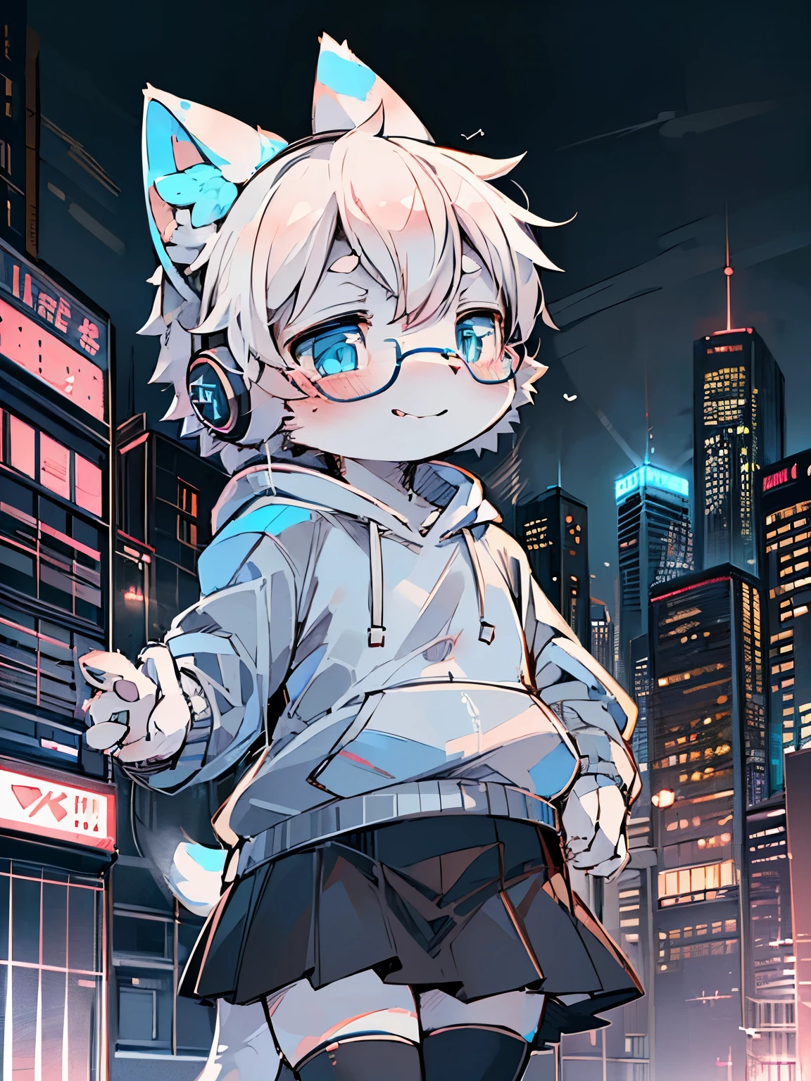 8k, high quality, masterpiece, high resolution, high detailed, (by dagasi, by mochiri_work, by XueyeMika) city background, modern building, cyberpunk city, futuristic, lake, night time, neon light from city, ((white cat, blue eyes, white hoodie, black skirt, black glasses, black headphones)), reaction (smile softly)