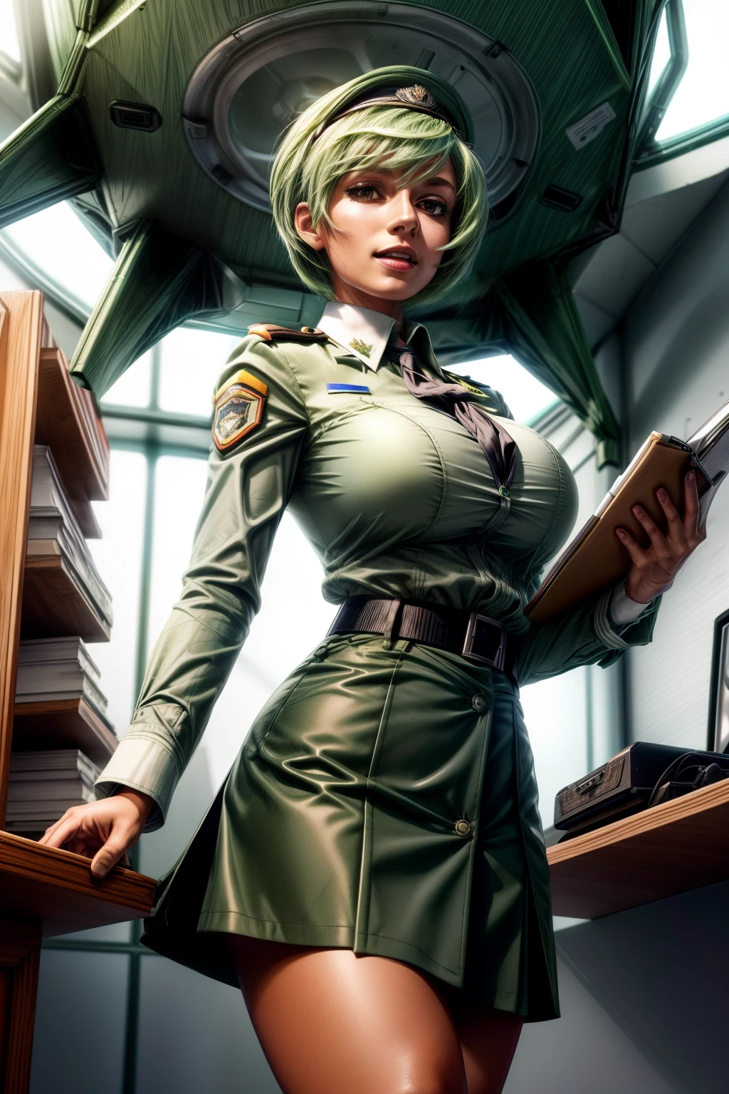 Frederica Greenhill, 25 years old, shortcut, green hair, lieutenant's skirt uniform, Have a clipboard, talking on intercom, Inside the spaceship, giga_busty