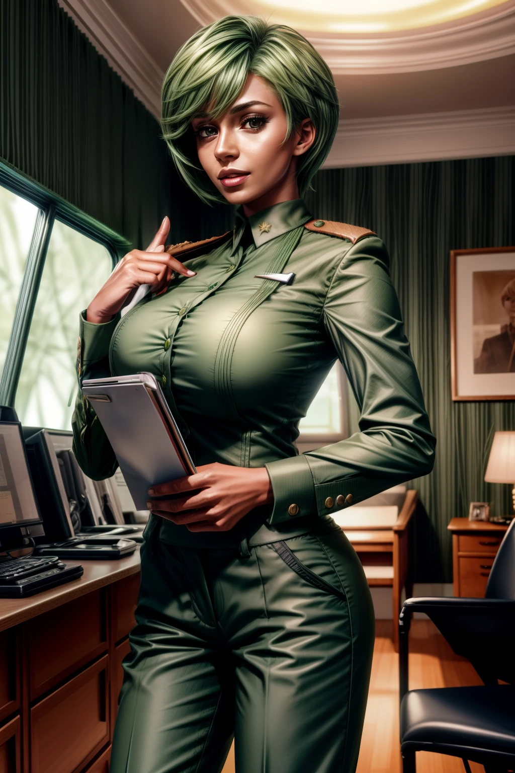 Frederica Greenhill, 25 years old, shortcut, green hair, lieutenant's pants uniform, Have a clipboard, talking on intercom, Inside the spaceship, giga_busty