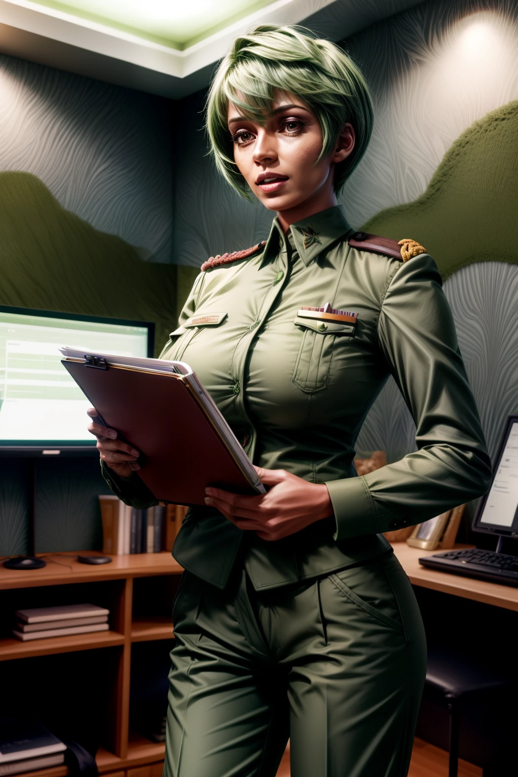 Frederica Greenhill, 25 years old, shortcut, green hair, lieutenant's pants uniform, Have a clipboard, talking on intercom, Inside the spaceship, giga_busty