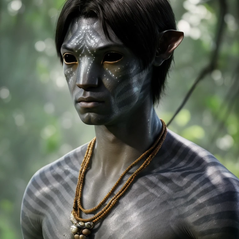 avtr:0.9, avatar style, portrait photo:1.6, man, male, (asian, indonesian, thai), gray skin color:1.0, (gray skin tone:1.3), (messy short hair:1.0), black hair color, teen, (18 years old:1), wearing tribal clothing, wearing a loincloth, detailed eyes, toned body, muscled body, glowing, ethereal atmosphere, natural lighting, textured skin, otherworldly beauty, mesmerizing photography, (best quality, highres), vivid colors, ultrarealistic, skin details, striped skin, sfw, face close-up, (eyebrowless:1.0), ultradetailed body