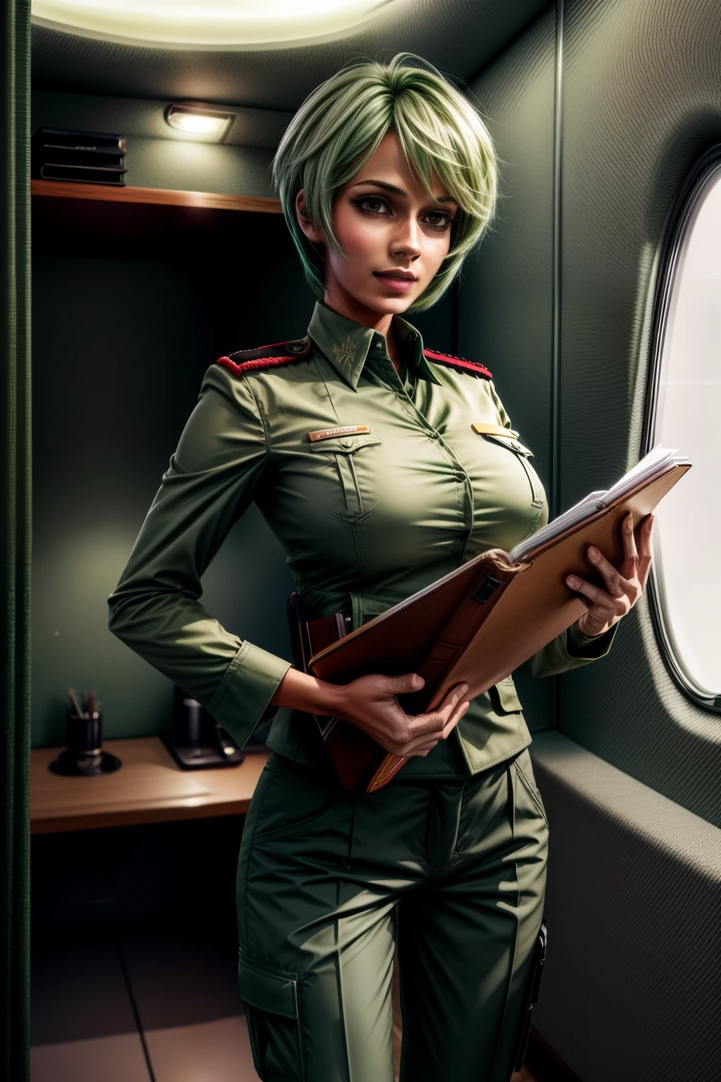 Frederica Greenhill, 25 years old, shortcut, green hair, lieutenant's pants uniform, Have a clipboard, talking on intercom, Inside the spaceship, giga_busty