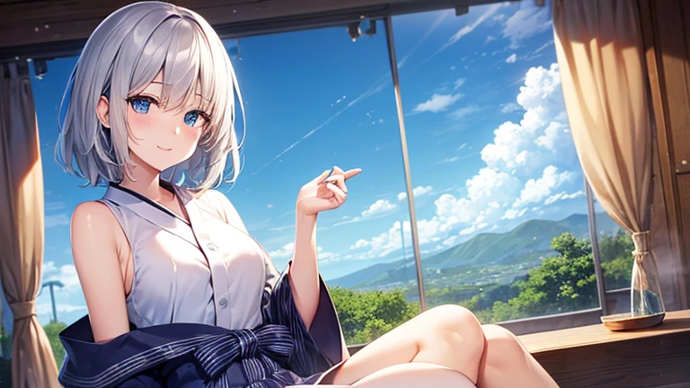 super high quality, with a girl, 20-year-old, very short hair, long bangs between the eyes, pale blue eyes , blue sky, sunlight, very detailed,(masterpiece、highest quality)、alone、gray hair、laughter、White skin as clear as snow、fantasy, silver hair, black eye, beautiful eyes,, ecstasy, charm, be smitten with audience, fantasyな風景、Yukata