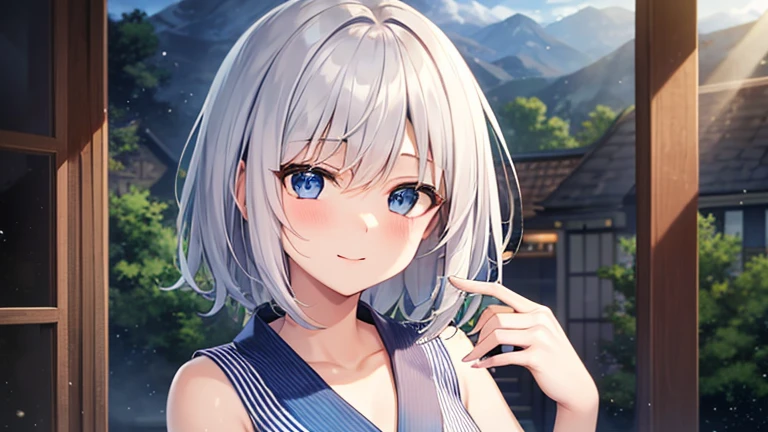 super high quality, with a girl, 20-year-old, very short hair, long bangs between the eyes, pale blue eyes , blue sky, sunlight, very detailed,(masterpiece、highest quality)、alone、gray hair、laughter、White skin as clear as snow、fantasy, silver hair, black eye, beautiful eyes,, ecstasy, charm, be smitten with audience, fantasyな風景、Yukata
