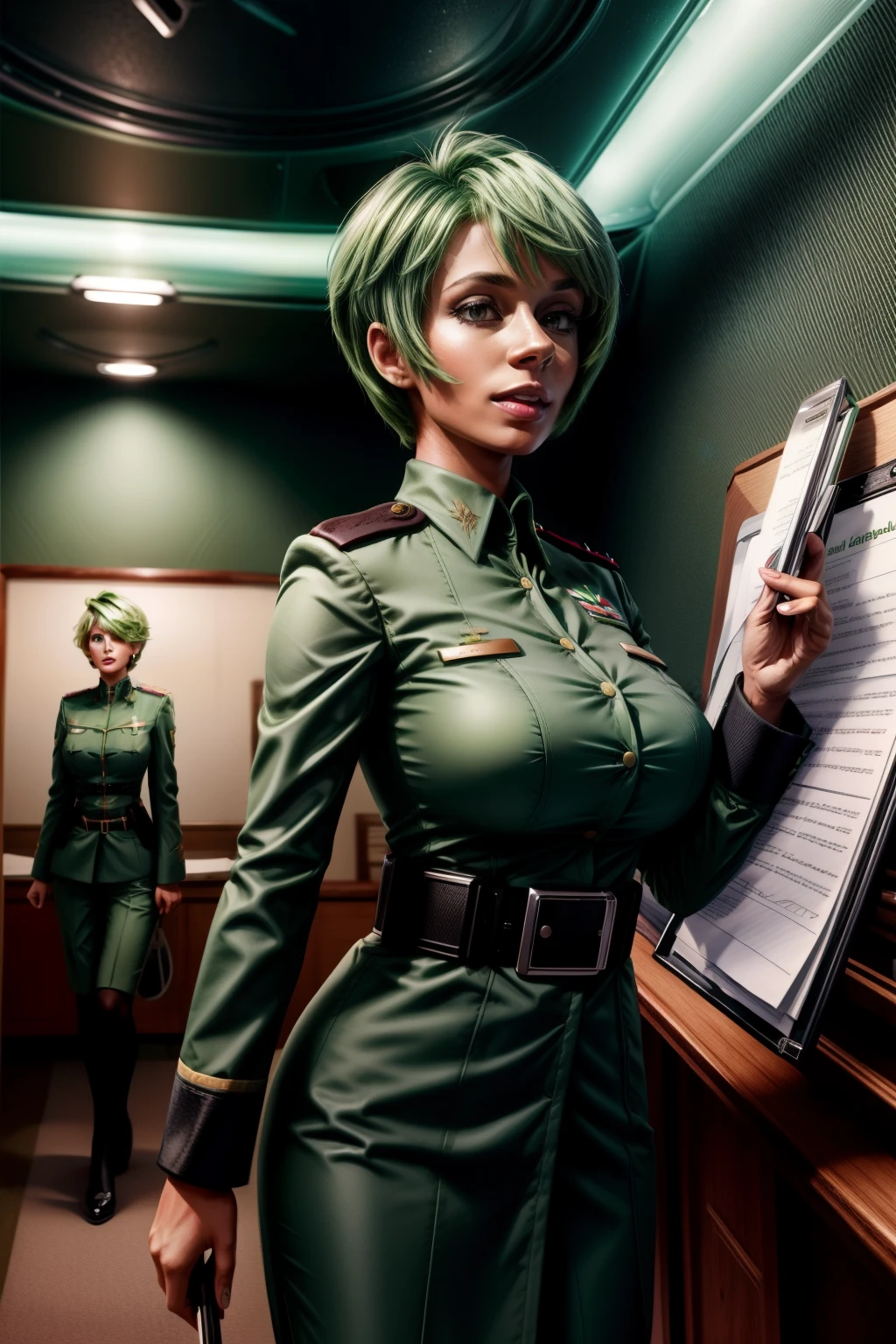 Frederica Greenhill, 25 years old, shortcut, green hair, lieutenant&#39;s uniform, Have a clipboard, talking on intercom, Inside the spaceship, giga_busty