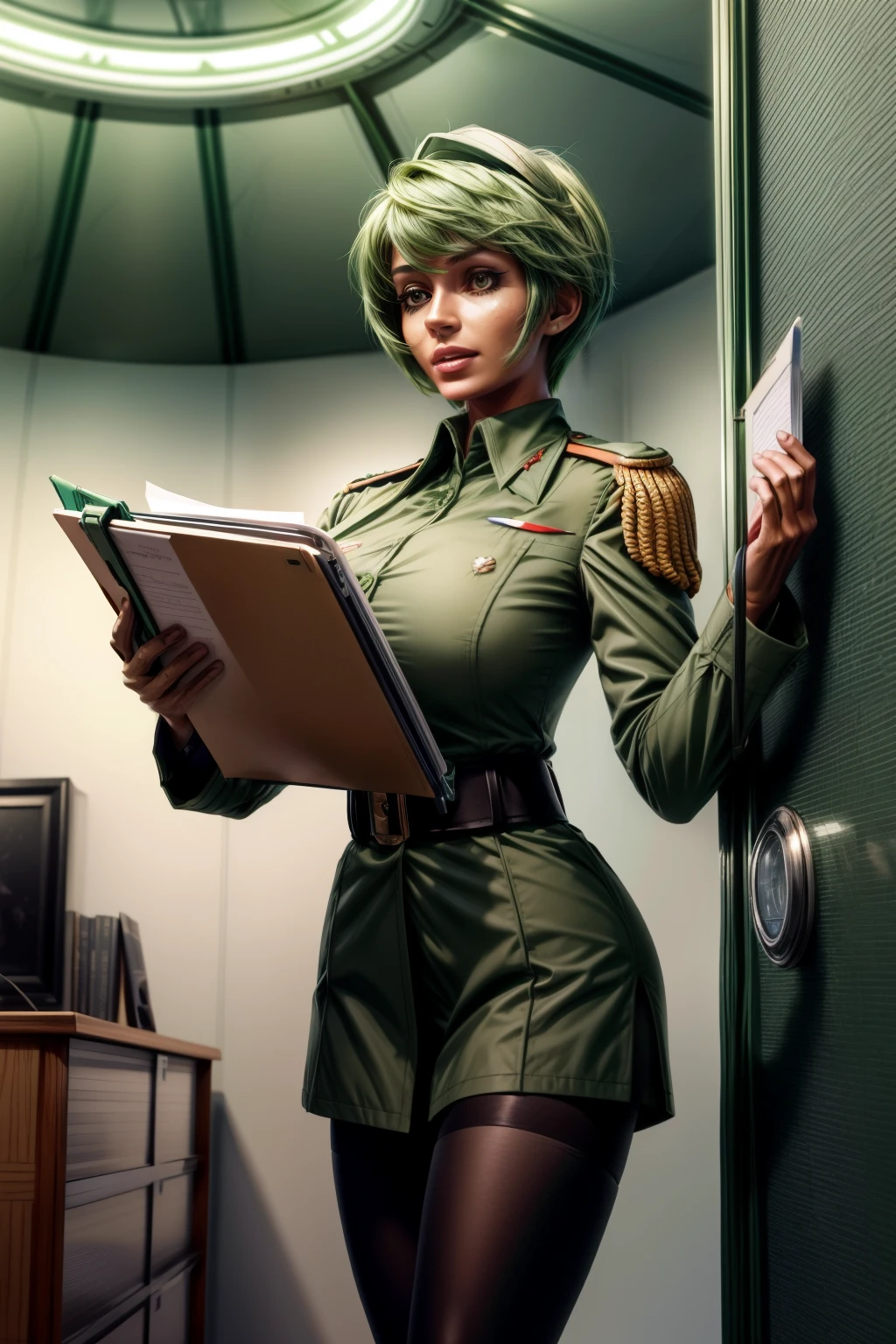 Frederica Greenhill, 25 years old, shortcut, green hair, lieutenant's uniform, Have a clipboard, talking on intercom, Inside the spaceship, giga_busty