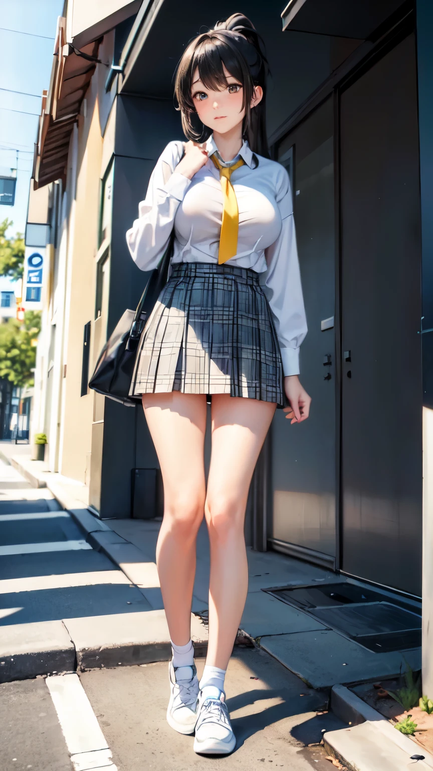 (((professional: Step by step, The end result is divine))): "(masterpiece, best quality), 1 girl, Sakuya Nishitoshi, black hair, long hair, ponytail, skinny, big breasts, white collar shirt, plaid mini skirt, tie, looking at the audience, raise arms, (stand:1.1), 正面stand，full-body shot，Unobstructed whole body, juice, Short socks, white sneakers, ( blush:1.2), yellow eyes, (street:1.2)"