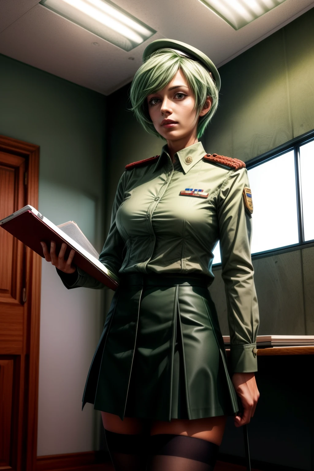 Frederica Greenhill, 25 years old, shortcut, green hair, lieutenant's skirt uniform, Have a clipboard, talking on intercom, Inside the spaceship