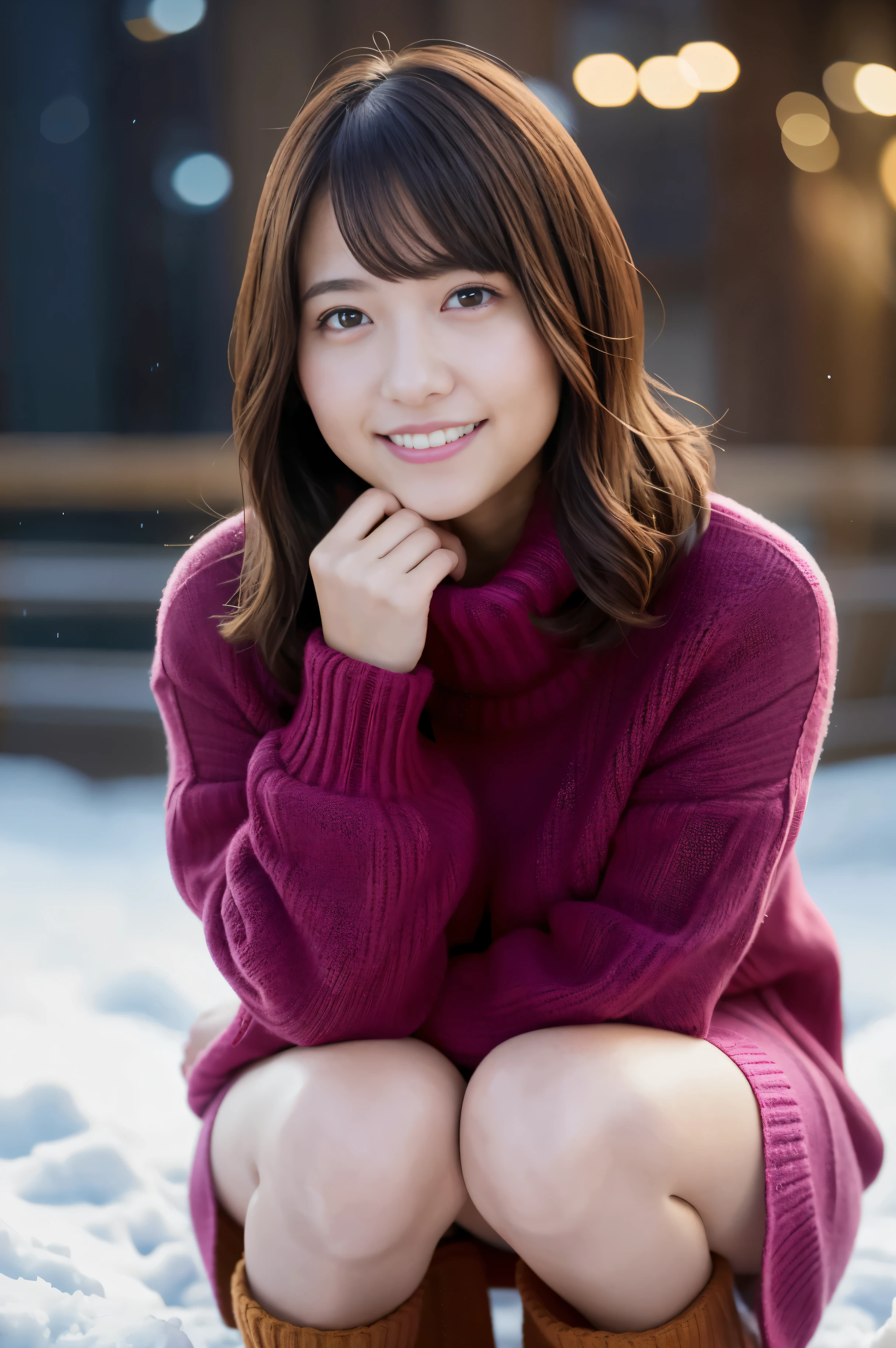 (8K), (highest quality: 1.2), (realistic), (realistic: 1.37), ultra high resolution, 1 girl, cute, smile, closed mouth, beautiful details, beautiful nose, whole body, wet hair, giant dulcefo, pork meat, thighs、Winter coordination、winter sweater、Fluffy muffler、セクシーなsmile