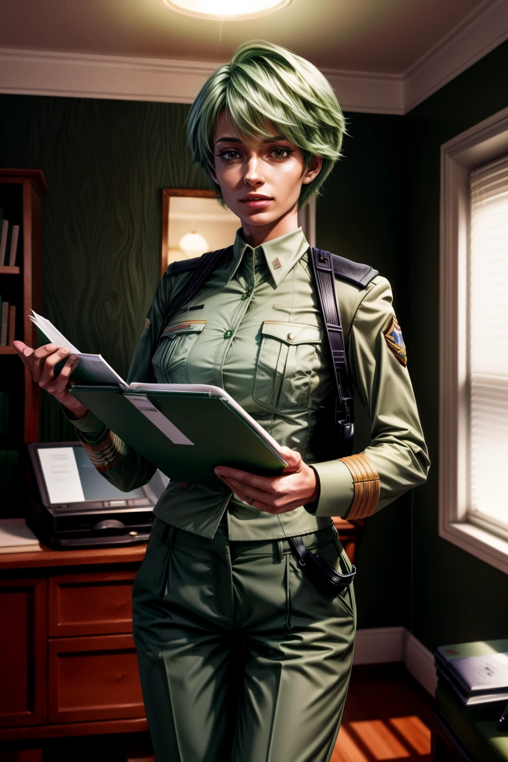 Frederica Greenhill, 25 years old, shortcut, green hair, lieutenant's pants uniform, Have a clipboard, talking on intercom, Inside the spaceship