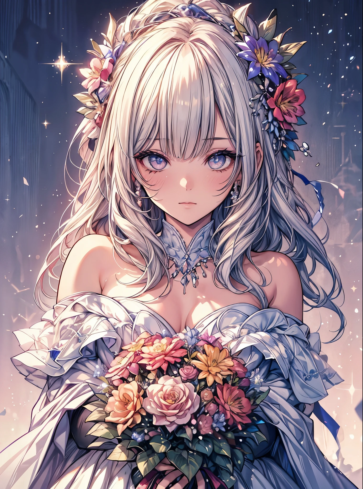 masterpiece, highest quality, High resolution, SA1, Floral off-the-shoulder dress, Sparkly eyes, false eyelashes, Cute atmosphere, have a bouquet,
