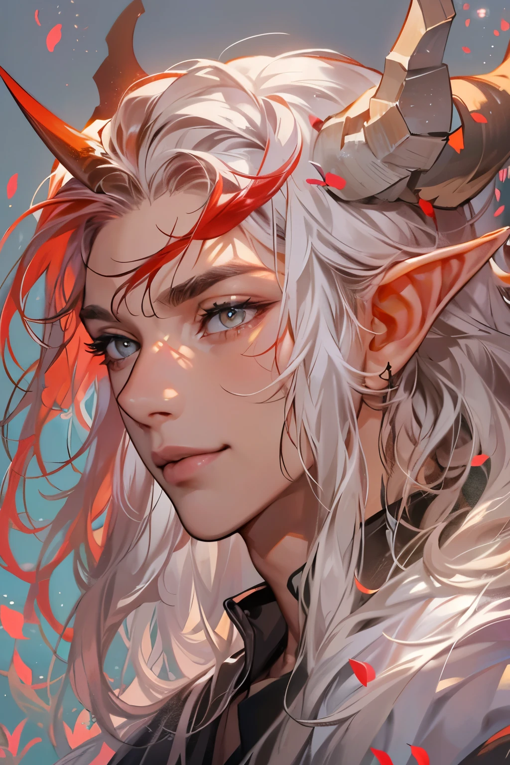 (table top, digital art, digital illustration, 4K, 8K, super detailed, beautiful images, clear image, realistic, RAW photo, perfect face, perfect lines, perfect eyes, soft lighting) 1 male human, (Red hair、long hair、amber eyes,messy hair、Bullish look,Smile confidently、Demons、Two black horns grow from its head.、Pointed elf-like ears、32 years old:1.3),ハンサムなmale性, (White t-shirt with dowel dowel、vest、muscular、Thin macho,Firm shoulder width, male:1.2),Sit on a throne with your legs crossed、The king、Demon King、hair fluttering in the wind、Sunburned healthy skin、desert oasis、braided hair