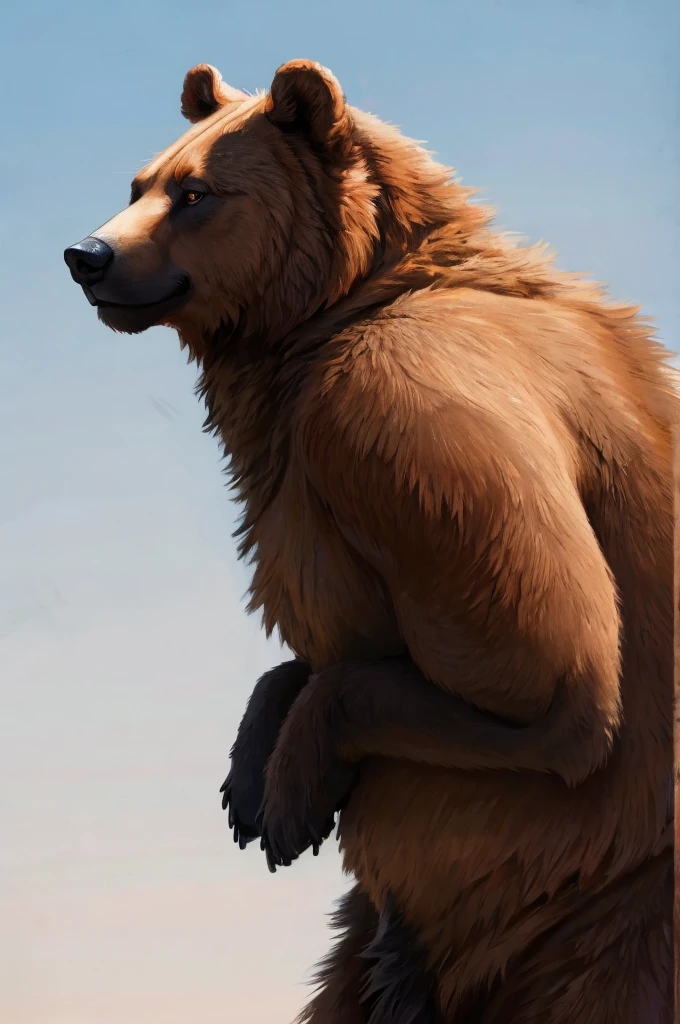 (by ozoneserpent:1.3, by Kenket:1.4, by the-minuscule-task:1.2, by zummeng:1.1):1.3, (anthro brown bear, woman, breasts, antrum, extremely detailed, extremely detailed legs, extremely detailed arms, extremely detailed face, perfectly detailed eyes, perfectly detailed anatomy):1.2, solo, perspective, adult, mature body, large body, curved thighs, gorgeous hips, curvature, (cute tail), (bear ears, bear fur, anthro face, bear nose), smiling, thick fur, brown fur, au natural, half-closed eyes, sly expression, looking slyly at you, looking back towards you, ass focus, rear view, gyatt, below perspective, back shot, bent over, showing off to you, on knees, full body shot, sitting, sitting on rock, deep in the woods, being sly, beautiful brown eyes, outdoor setting, twilight, setting sun, mist, sun rays filtered through trees, beautiful colored sky, painterly, vibrant colors, traditional style, ambient lighting, depth of field, bear claws, bear paws, five fingers,