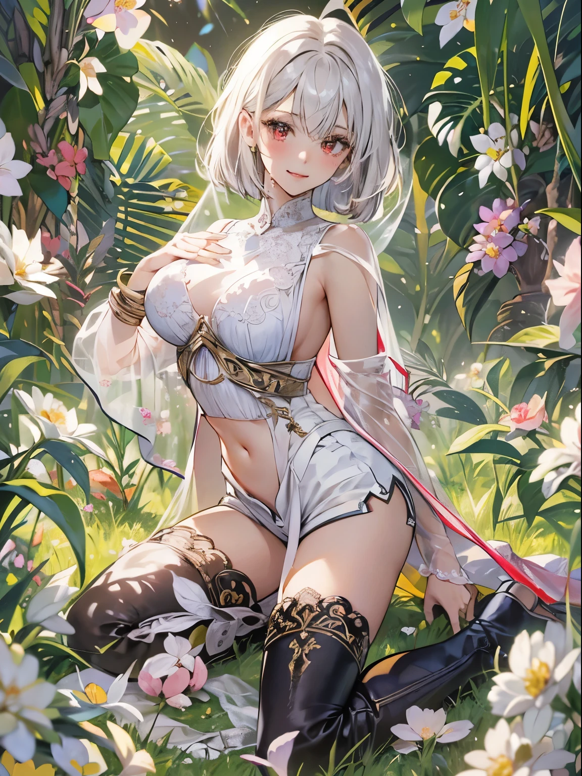 （enrich the image，Masterpiece quality）Beautiful 8K CG artwork，Goddess-like posture，Kneeling exercise，スリムでsoft,(transparent skin,Platinum Brand,bob cut,The skin is fair and juicy:1.3),Outlook part 1.2x enhanced silhouette effect,(white shorts,black knee high boots,Gold thread edging,Loose and obliquely lowered belt,Open tube top with back,The details are intricate and exquisite:1.1),the background is a little blurry,In flowering meadows,Temptation of attractive and voracious feet，drooling,Clothes that show body lines,blush,open your legs wide,attract,Platinum Brand,red eyes,wheezing,Trance,Breasts porori,soft,- Rubbed violently from behind,See through,Plug-ins,innocent smile,Dagger in hand,desert oasis,Marry the King of the Desert,Delicate veil of white lace,canopy bed,squirt,