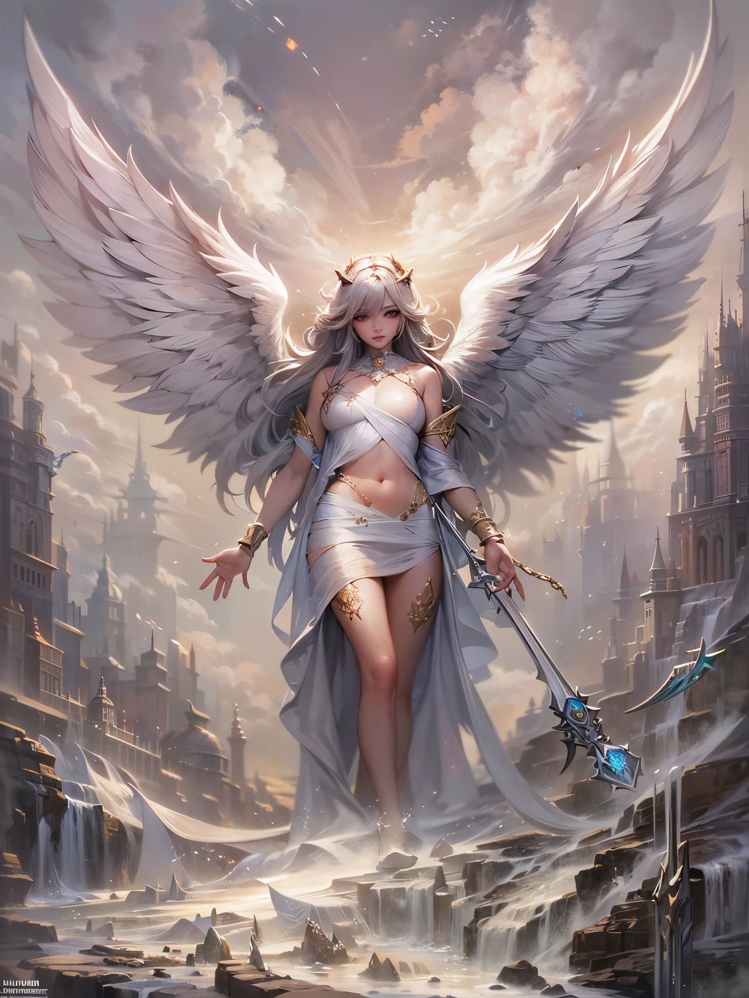 ((highest quality)),(ultra high resolution),(Super detailed),(detailed description),((best CG)),(best work of art),super precision art,great drawing art,(Fantasy art with precise details:1.5), (1 Female Angel:1.6),beautiful and well-shaped face:1.6 sadness:1.4,messy hair:1.5,torn clothes:1.7,damaged angel wings:1.5,Chains that wrap around the body:1.6, Dimly lit:1.3