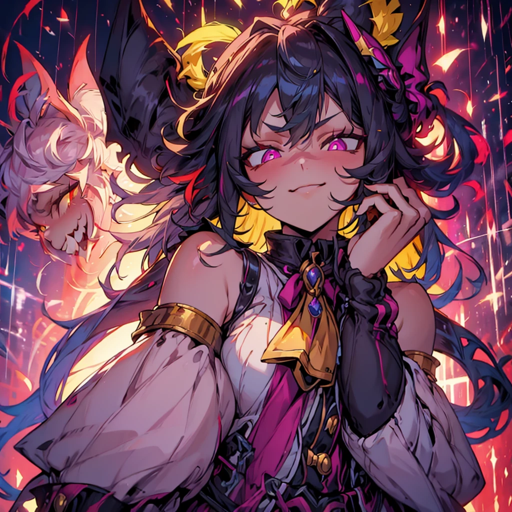 masterpiece, best quality,, sakura bakushin o (umamusume),, (close-up:1.2), rain, cloud, cloudy, shadow,, serious, arms up, armpits, closed mouth, mouth hold,, epaulettes, black gloves, sleeveless, yellow neckerchief, shirt, tying hair,